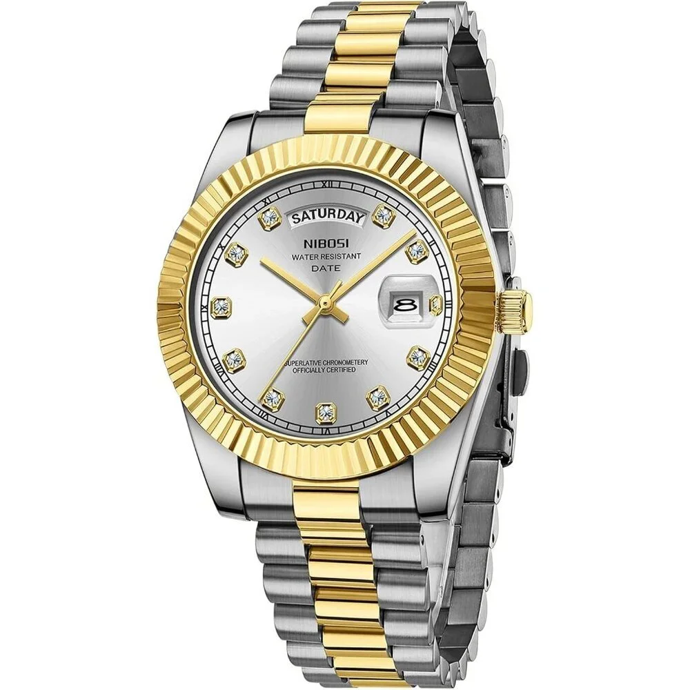 Men's Gold Sliver Stainless Steel Analog Classic Design Stylish Wrist Watch